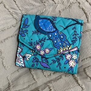 New Vera Bradley Teal Quilted Tri-Fold Wallet with Peacock Design